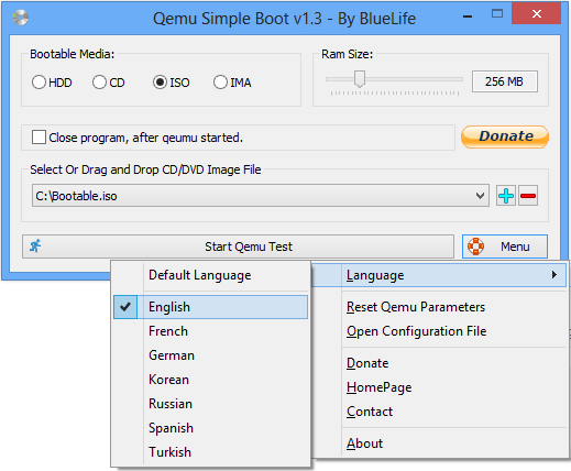 Меню опций: режим теста USB/CD, языки, параметры запуска QEMU
