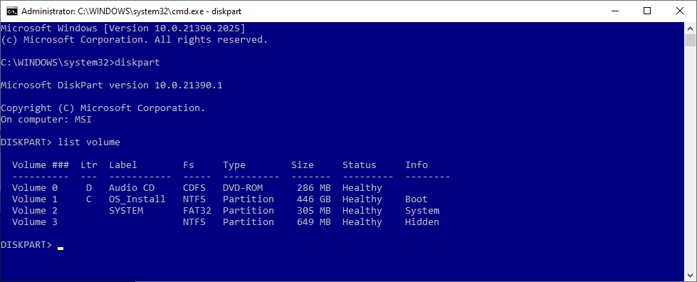 команда promp diskpart list disk