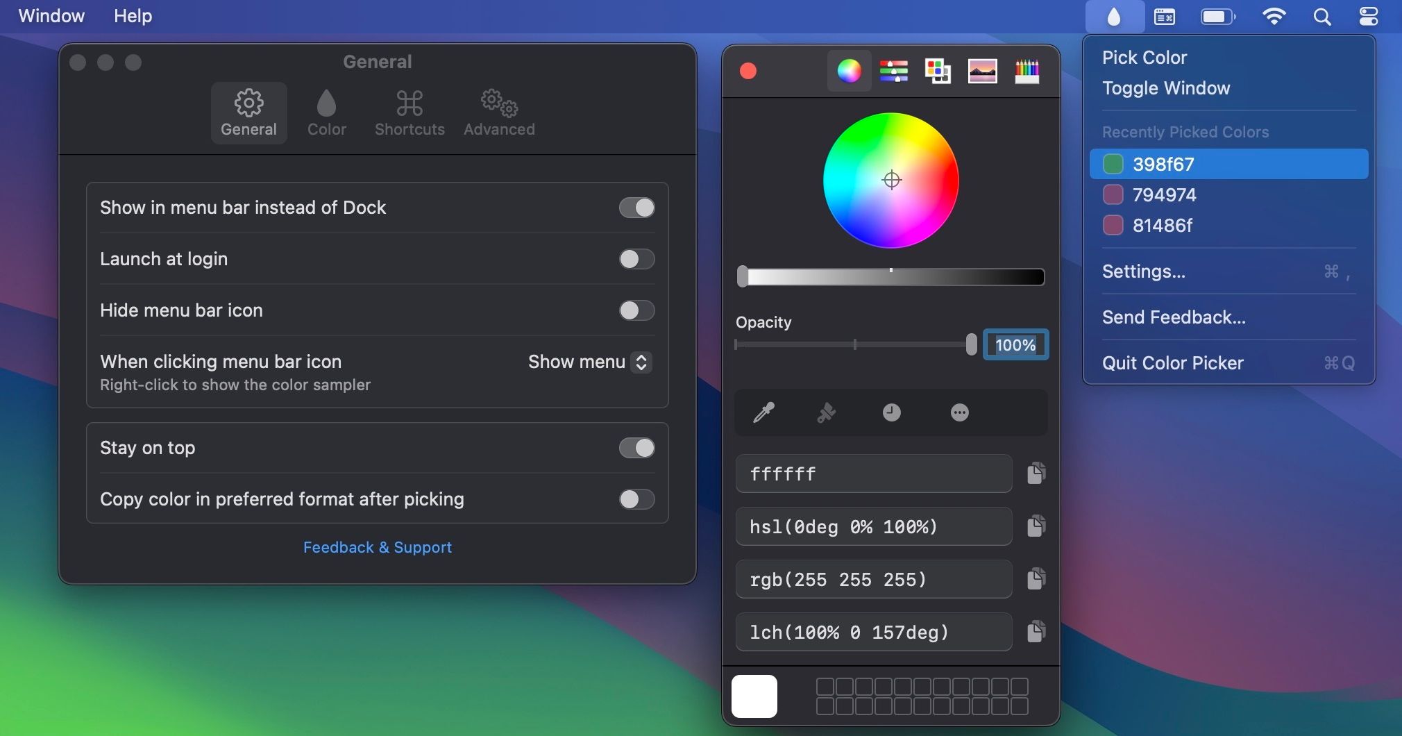 выбор шестнадцатеричного кода цвета с помощью System Color Picker на Mac
